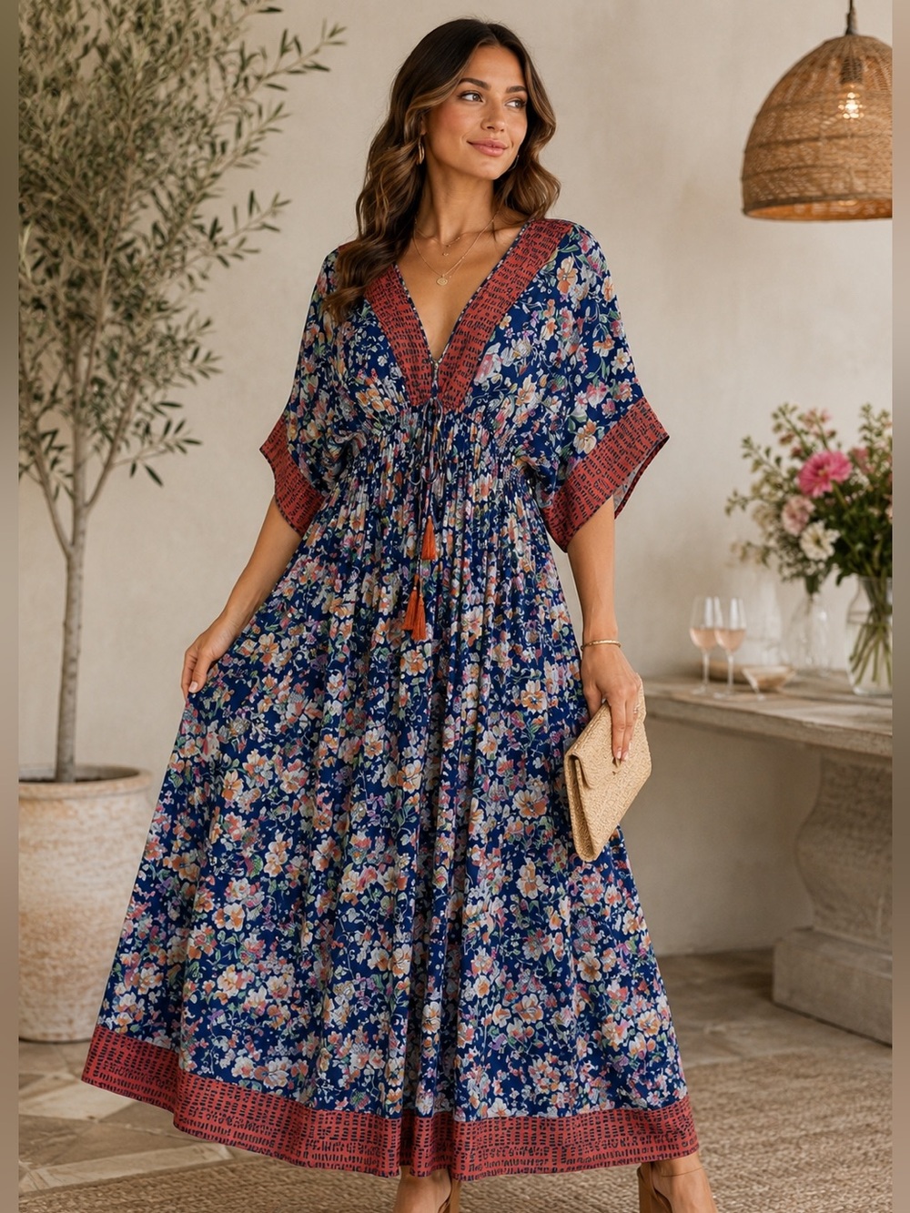 World Market Maxi Boho Dress L/XL Tassel Tie Resort Vacation Cottagecore